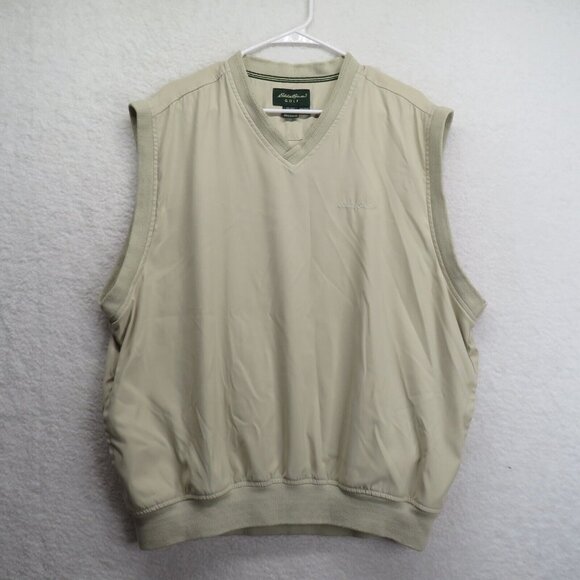 Eddie Bauer Golf Vest Mens Size Large Beige V Neck Windbreaker Pockets - Picture 1 of 9